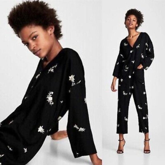 Zara Pants - Zara premium lyocell jumpsuit black white floral embroidery sz S